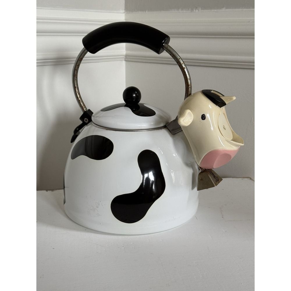 1992 Vintage M Kamenstein Farm Cow Tea Kettle Enamel Whistling Teapot